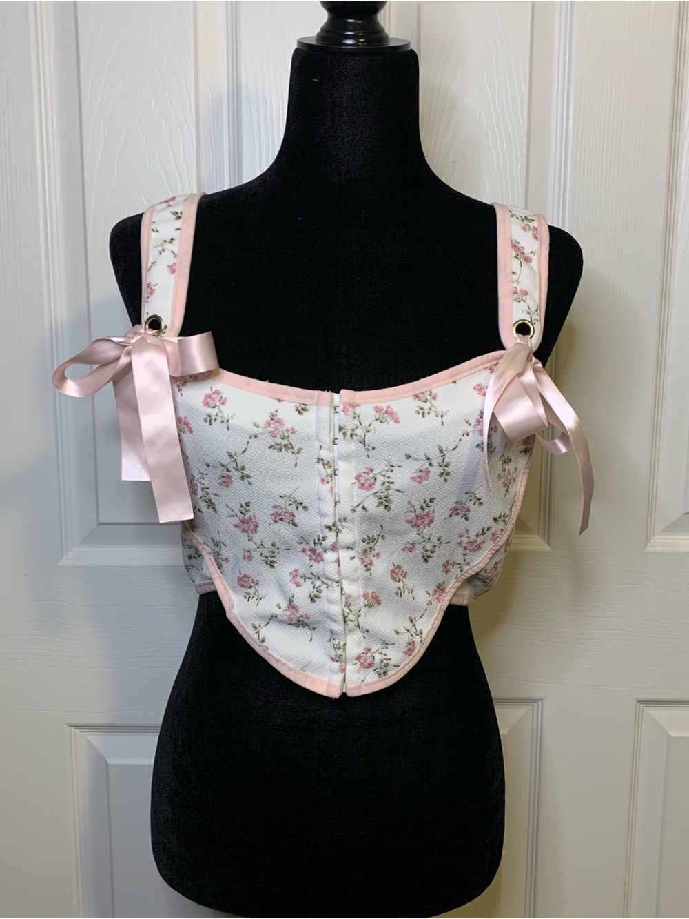 Pink & White Floral Ribbon-Shoulder Corset Top